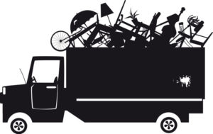 Black vector silhouette of a waste collection truck filled with garbage
